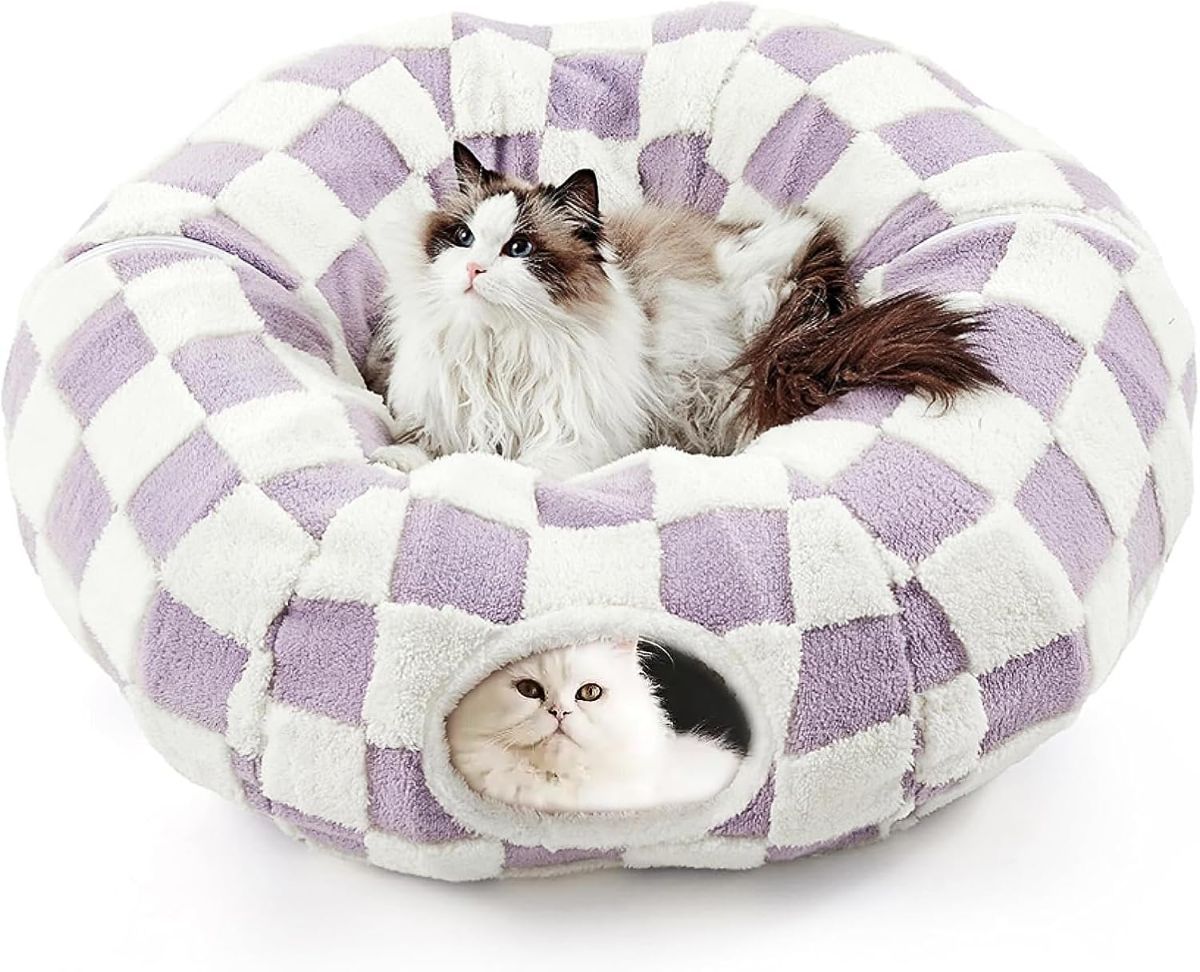 Cat Tunnel Bed with Washable Cushion for Indoor Cat, Donut Cave Tube Toys for Kitten Puppy Rabbit - Purple - Size 33.5in