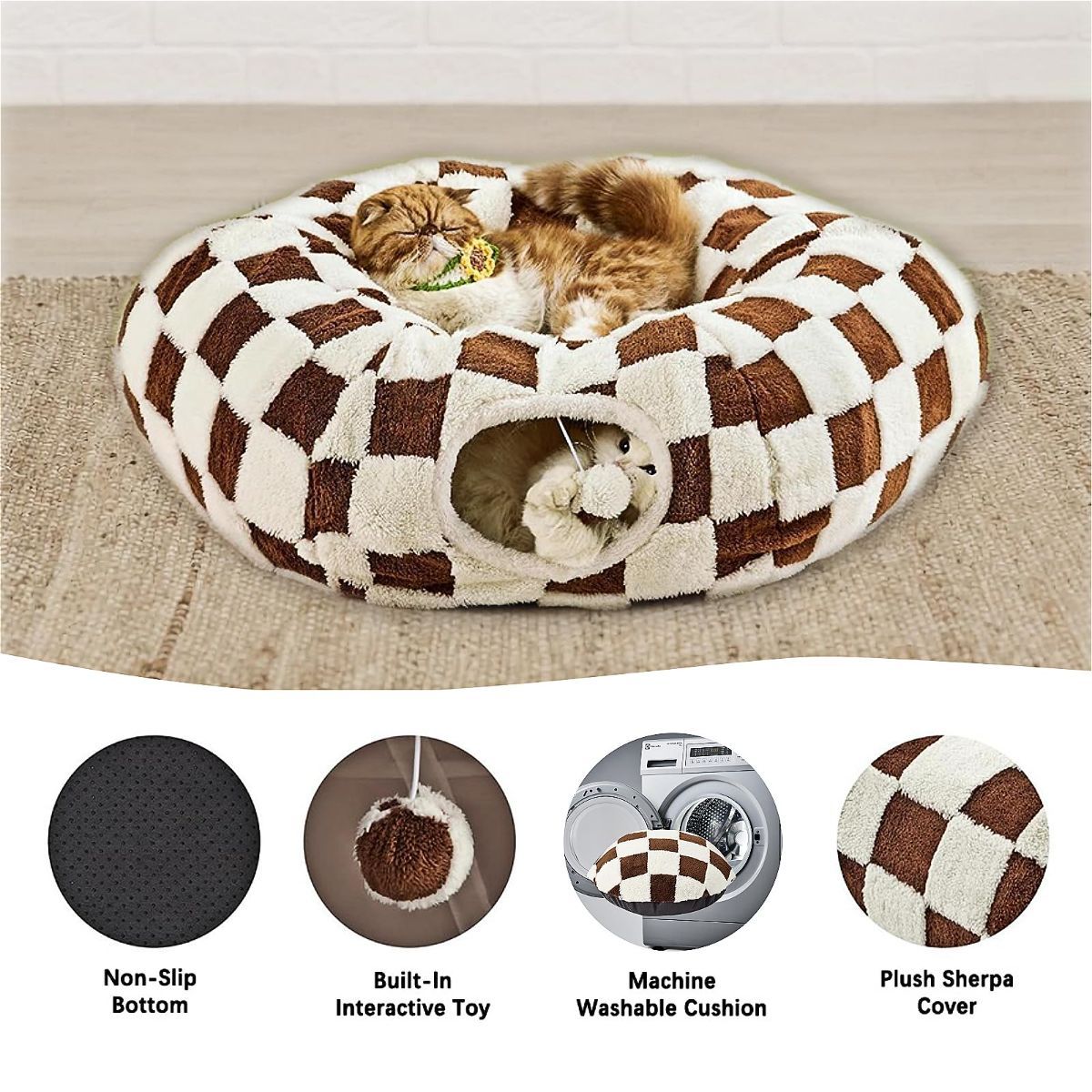 Cat Tunnel Bed with Washable Cushion for Indoor Cat, Donut Cave Tube Toys for Kitten Puppy Rabbit - Purple - Size 33.5in