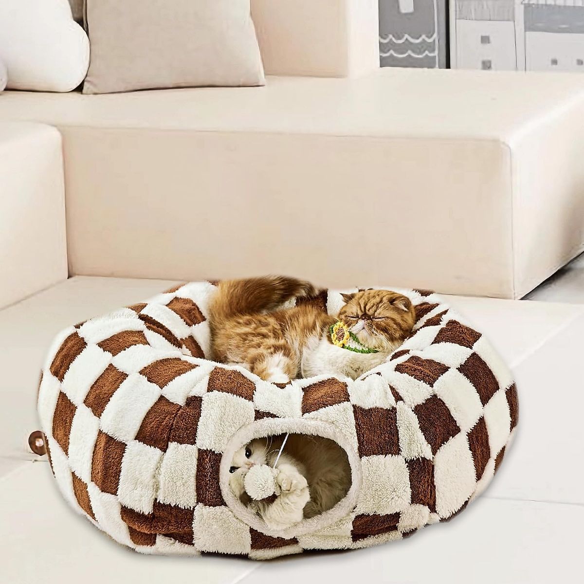 Cat Tunnel Bed with Washable Cushion for Indoor Cat, Donut Cave Tube Toys for Kitten Puppy Rabbit - Purple - Size 33.5in