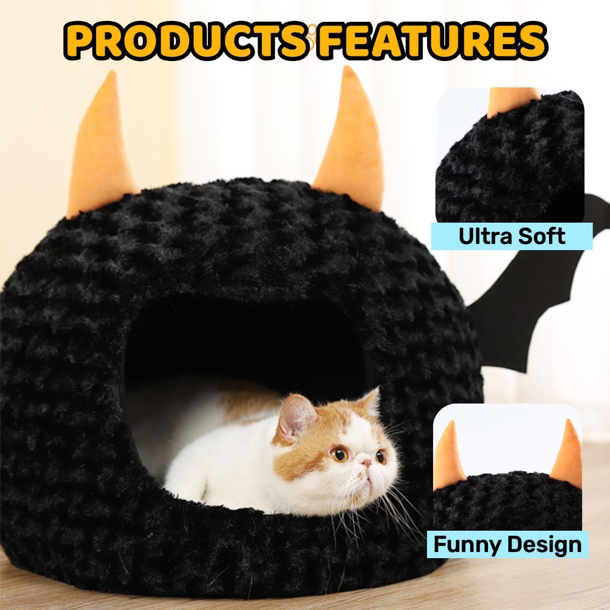 Funny Cat Bed Halloween Large Cat Cave Nest Warm Cute Kitten Bed Mattress Cartoon Ultra Soft Plush Removable Cushion