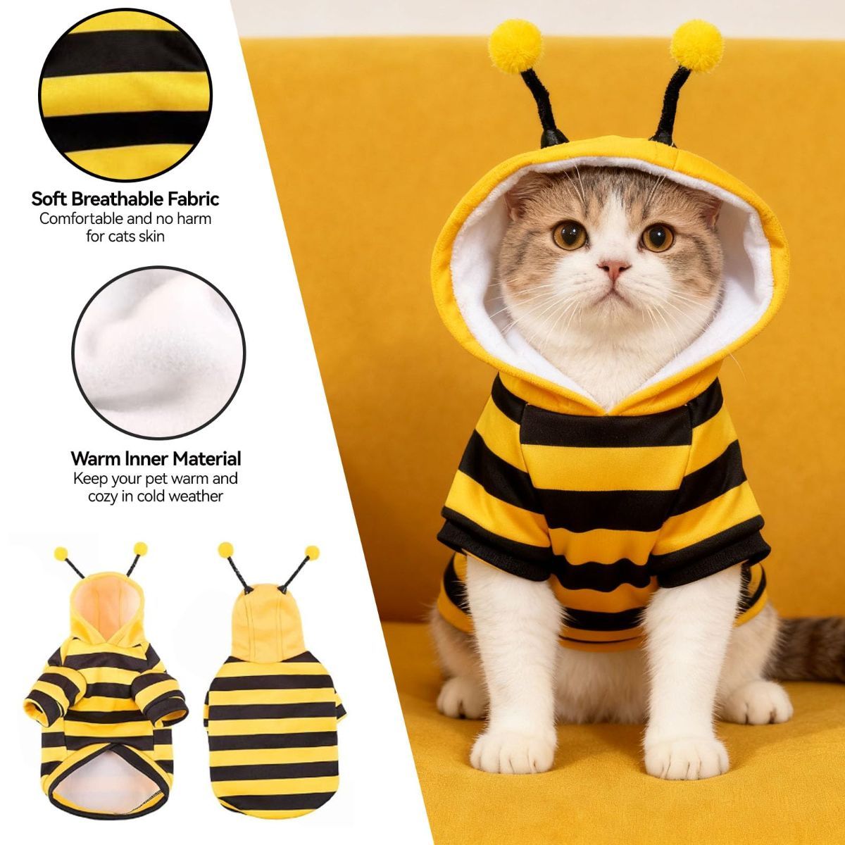 Bumblebee Cat Costume for Sphynx & Small Dogs, Fit Halloween, Yellow, Cute Bee Stripes Hoodie, Soft Warm Fleece, Holiday Cosplay Outfit, Daily Leisure Wear, Easy to Put, Safe for Leash Walking - Yellow / S