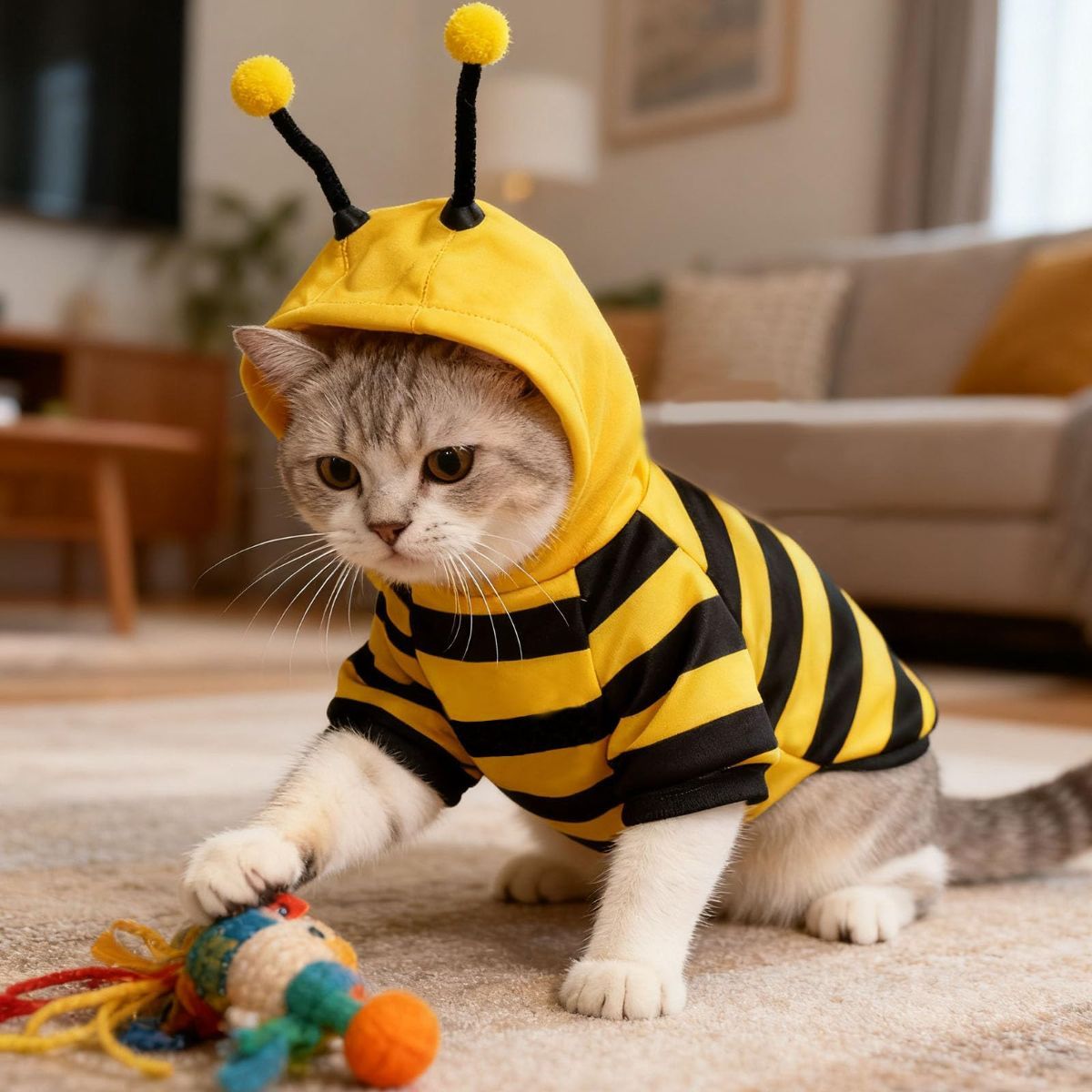 Bumblebee Cat Costume for Sphynx & Small Dogs, Fit Halloween, Yellow, Cute Bee Stripes Hoodie, Soft Warm Fleece, Holiday Cosplay Outfit, Daily Leisure Wear, Easy to Put, Safe for Leash Walking - Yellow / XS