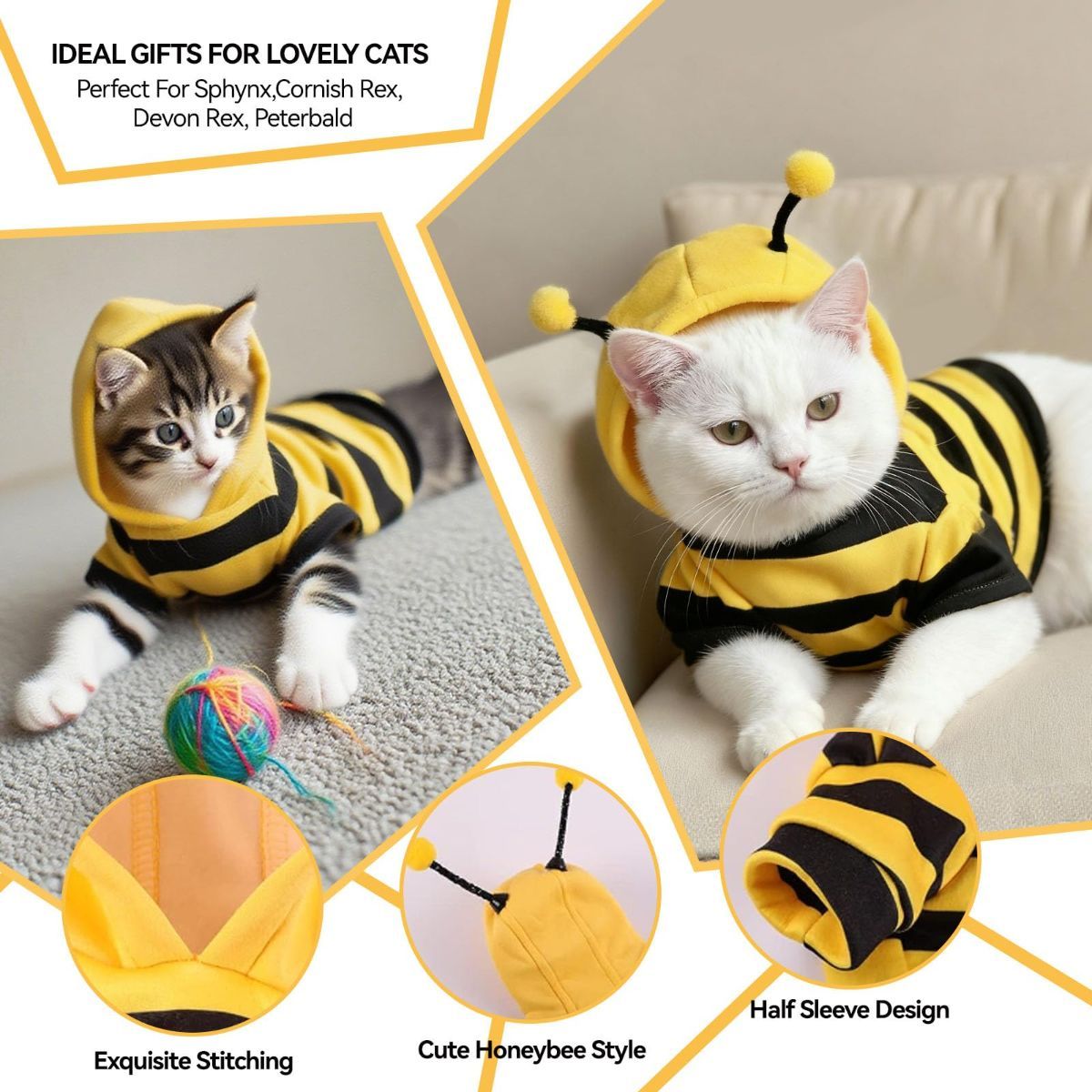 Bumblebee Cat Costume for Sphynx & Small Dogs, Fit Halloween, Yellow, Cute Bee Stripes Hoodie, Soft Warm Fleece, Holiday Cosplay Outfit, Daily Leisure Wear, Easy to Put, Safe for Leash Walking - Yellow / XS