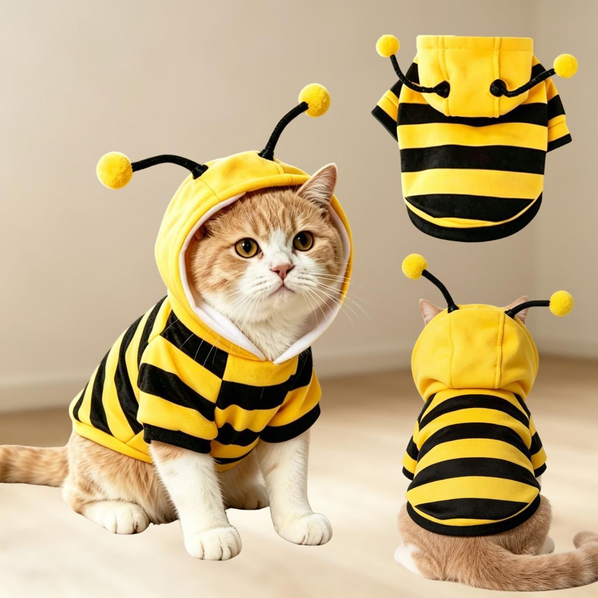 Bumblebee Cat Costume for Sphynx & Small Dogs, Fit Halloween, Yellow, Cute Bee Stripes Hoodie, Soft Warm Fleece, Holiday Cosplay Outfit, Daily Leisure Wear, Easy to Put, Safe for Leash Walking - Yellow / XXS