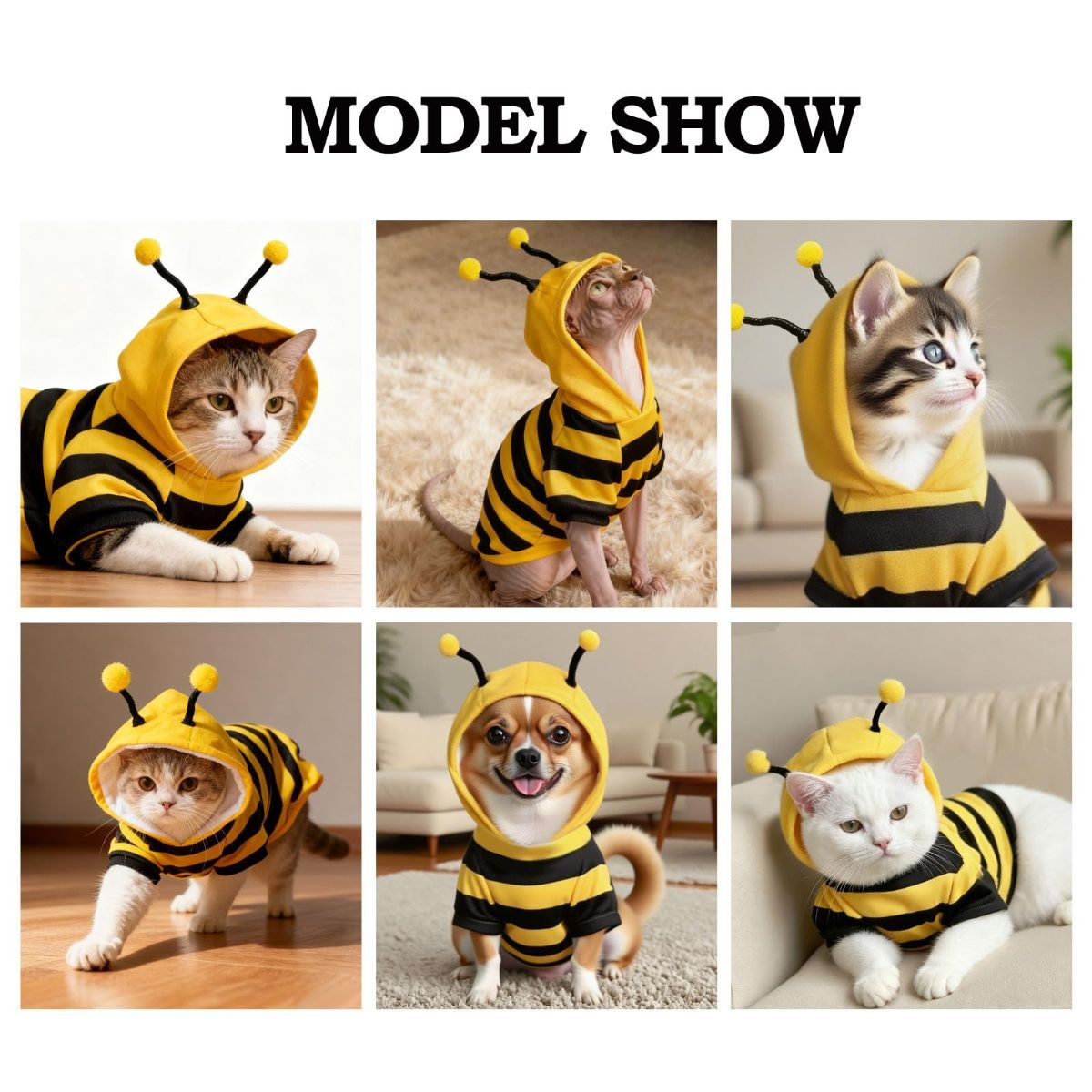 Bumblebee Cat Costume for Sphynx & Small Dogs, Fit Halloween, Yellow, Cute Bee Stripes Hoodie, Soft Warm Fleece, Holiday Cosplay Outfit, Daily Leisure Wear, Easy to Put, Safe for Leash Walking - Yellow / XXS