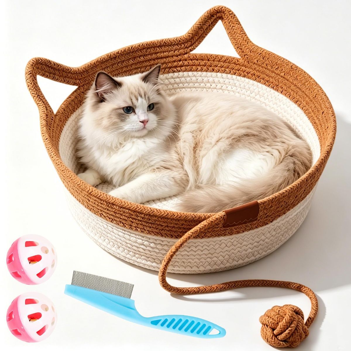 Cat Basket Hand-Woven Cat Bed Cat-Ear Handles Cotton Rope Cat Bed Indoor Cat - Brown - Size L