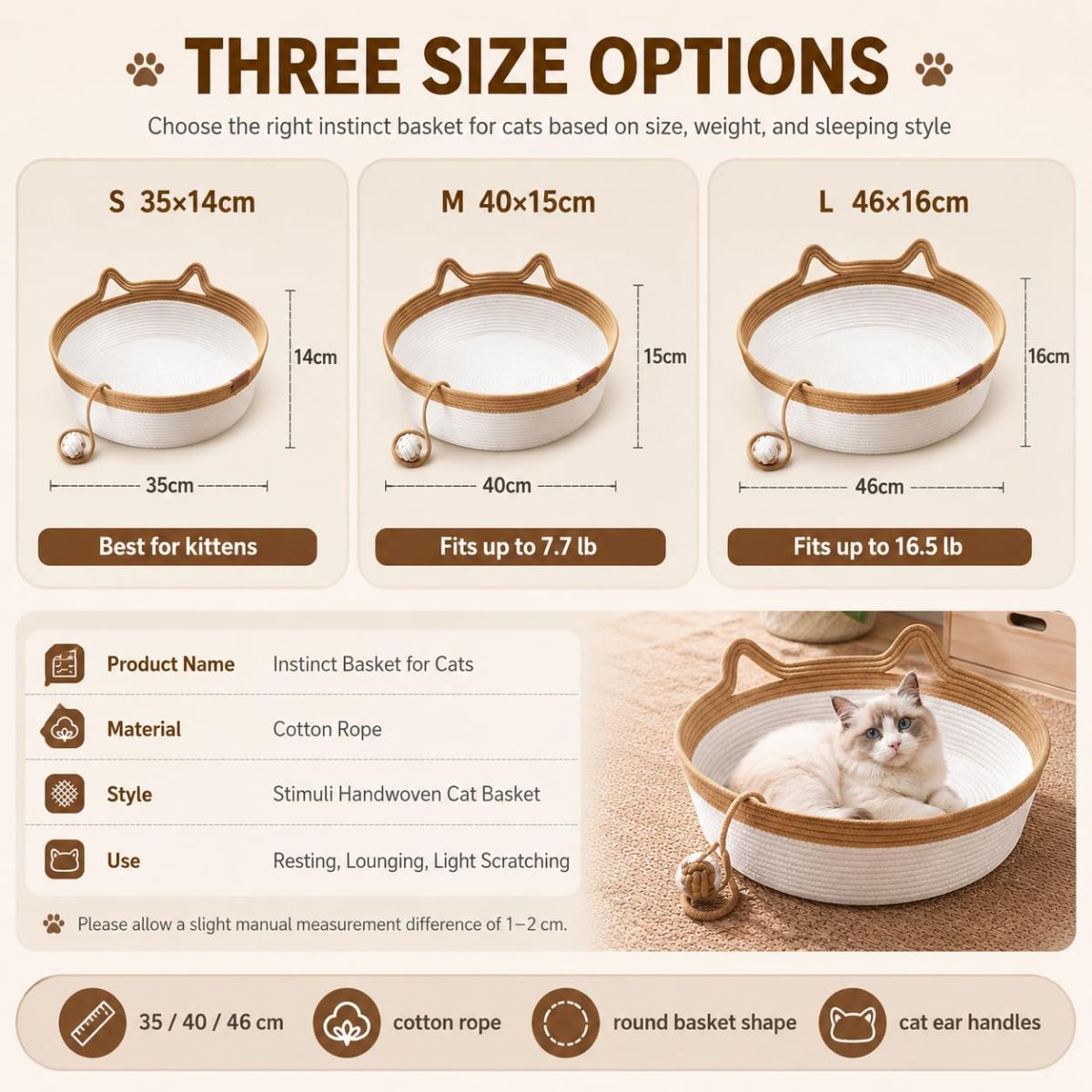 Cat Basket Hand-Woven Cat Bed Cat-Ear Handles Cotton Rope Cat Bed Indoor Cat - Brown - Size L