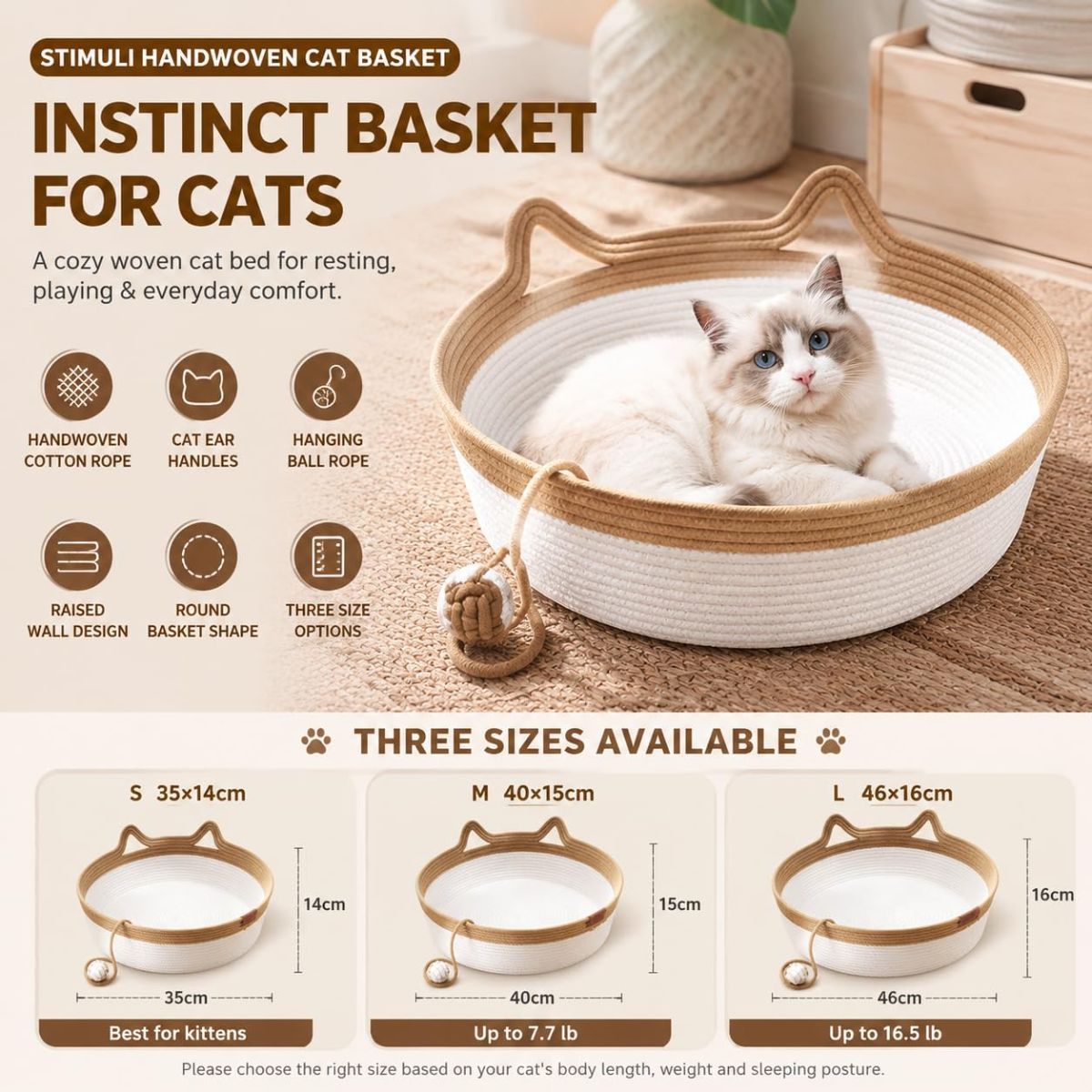 Cat Basket Hand-Woven Cat Bed Cat-Ear Handles Cotton Rope Cat Bed Indoor Cat - Brown - Size S