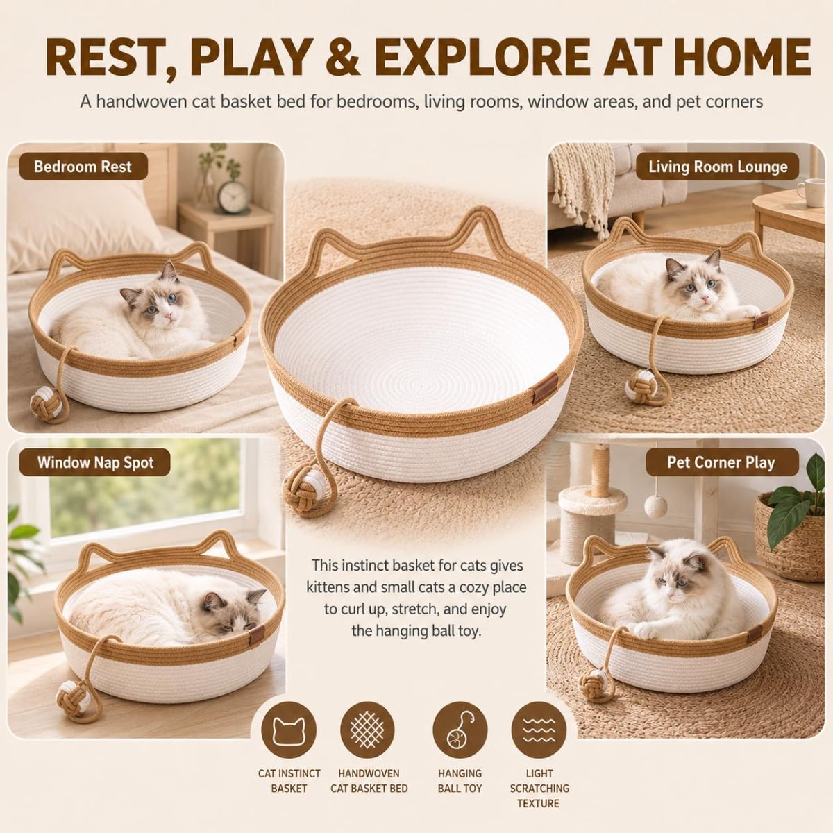 Cat Basket Hand-Woven Cat Bed Cat-Ear Handles Cotton Rope Cat Bed Indoor Cat - Green - Size M