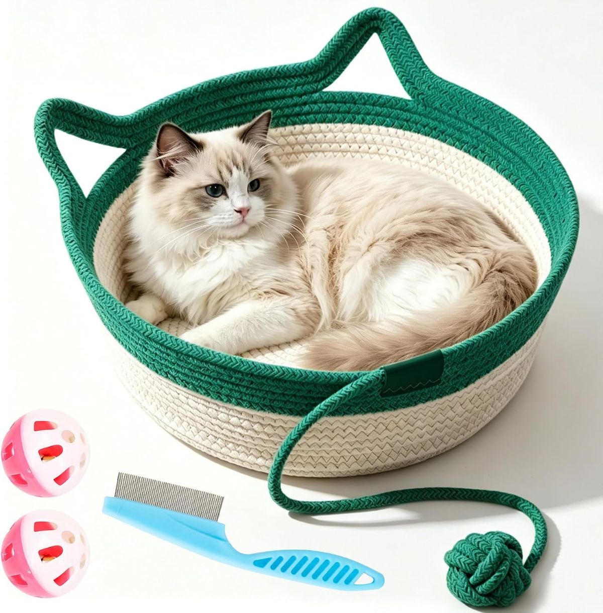 Cat Basket Hand-Woven Cat Bed Cat-Ear Handles Cotton Rope Cat Bed Indoor Cat - Green - Size S