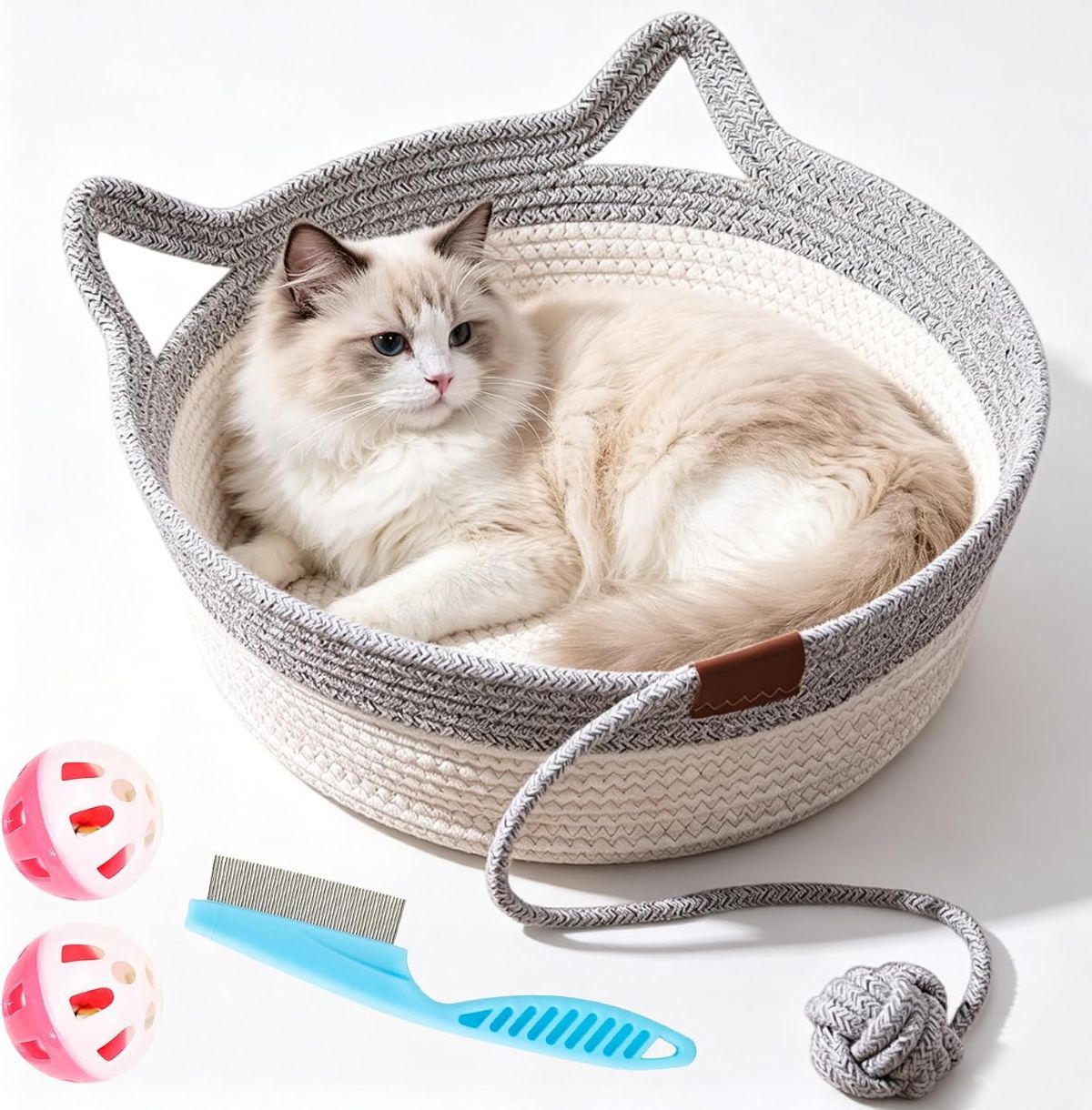 Cat Basket Hand-Woven Cat Bed Cat-Ear Handles Cotton Rope Cat Bed Indoor Cat - Gray - Size S