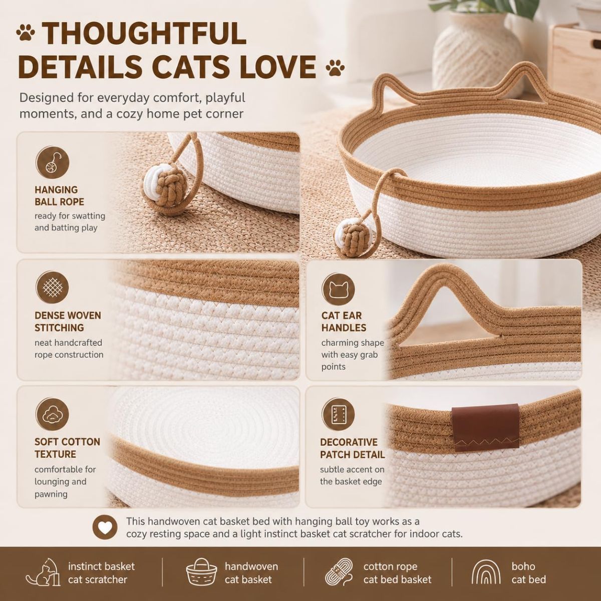 Cat Basket Hand-Woven Cat Bed Cat-Ear Handles Cotton Rope Cat Bed Indoor Cat - Gray - Size S