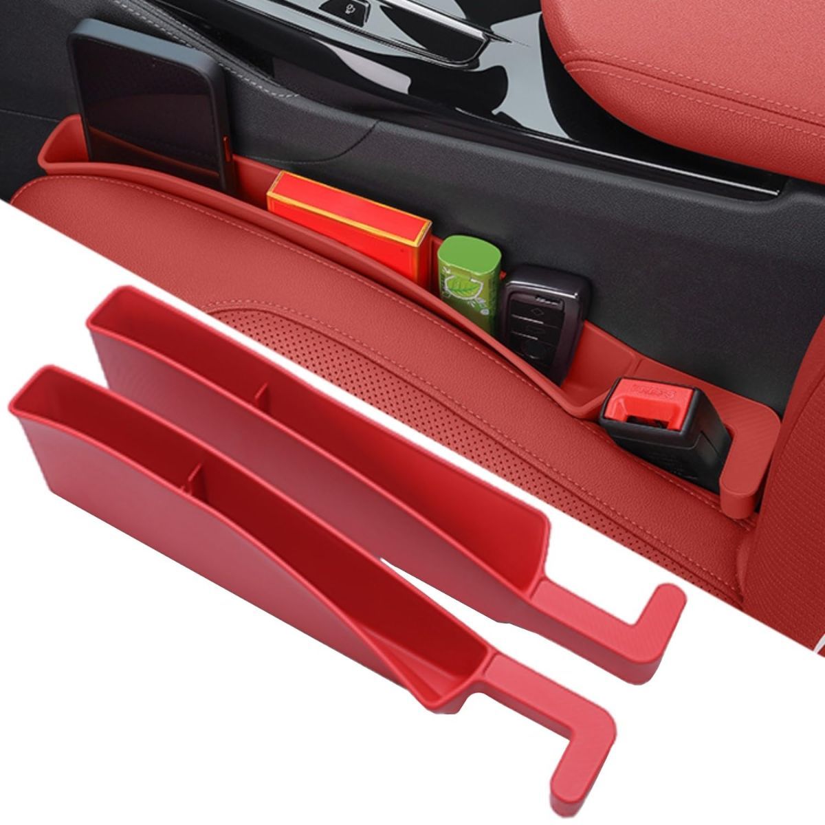 Car Seat Gap Filler, Carseat Side Gap Organizer with Phone Holder & Storage Slot, Auto Interior Accessories, Universal Car Catcher Plug Strip Fit Car SUV Truck, Fill in Between Seat and Console - Beige - Size 2PCS