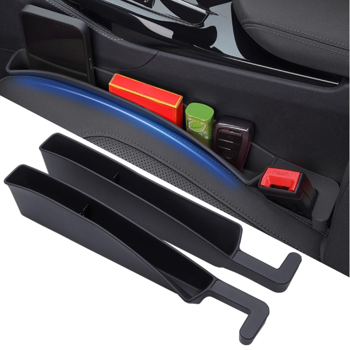 Car Seat Gap Filler, Carseat Side Gap Organizer with Phone Holder & Storage Slot, Auto Interior Accessories, Universal Car Catcher Plug Strip Fit Car SUV Truck, Fill in Between Seat and Console - Black - Size 2PCS