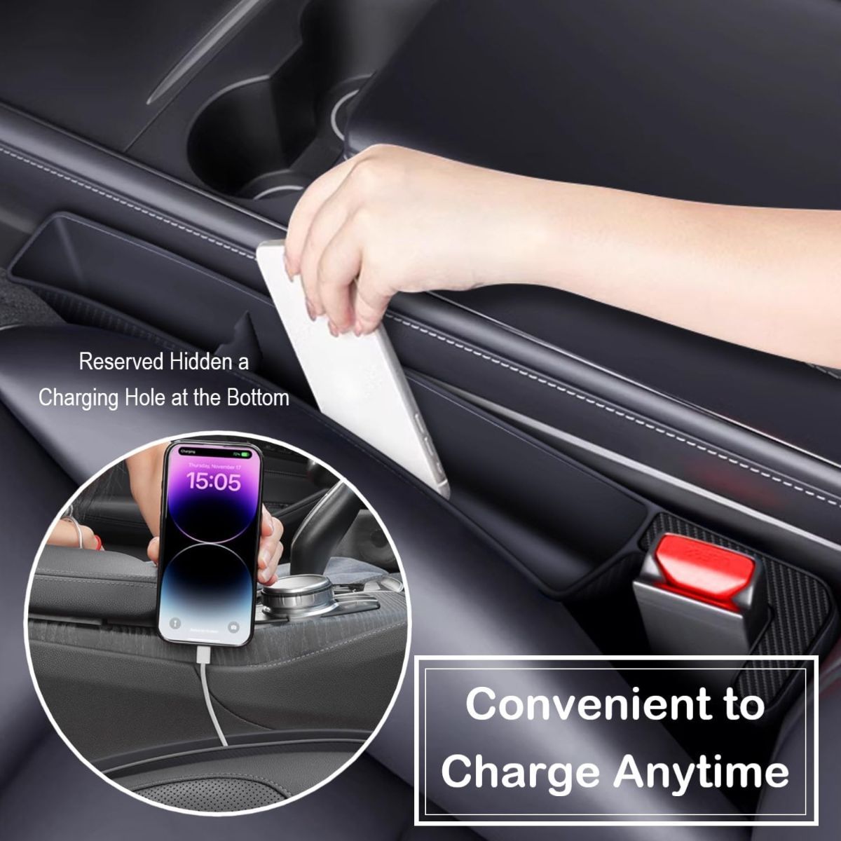 Car Seat Gap Filler, Carseat Side Gap Organizer with Phone Holder & Storage Slot, Auto Interior Accessories, Universal Car Catcher Plug Strip Fit Car SUV Truck, Fill in Between Seat and Console - Black - Size 2PCS