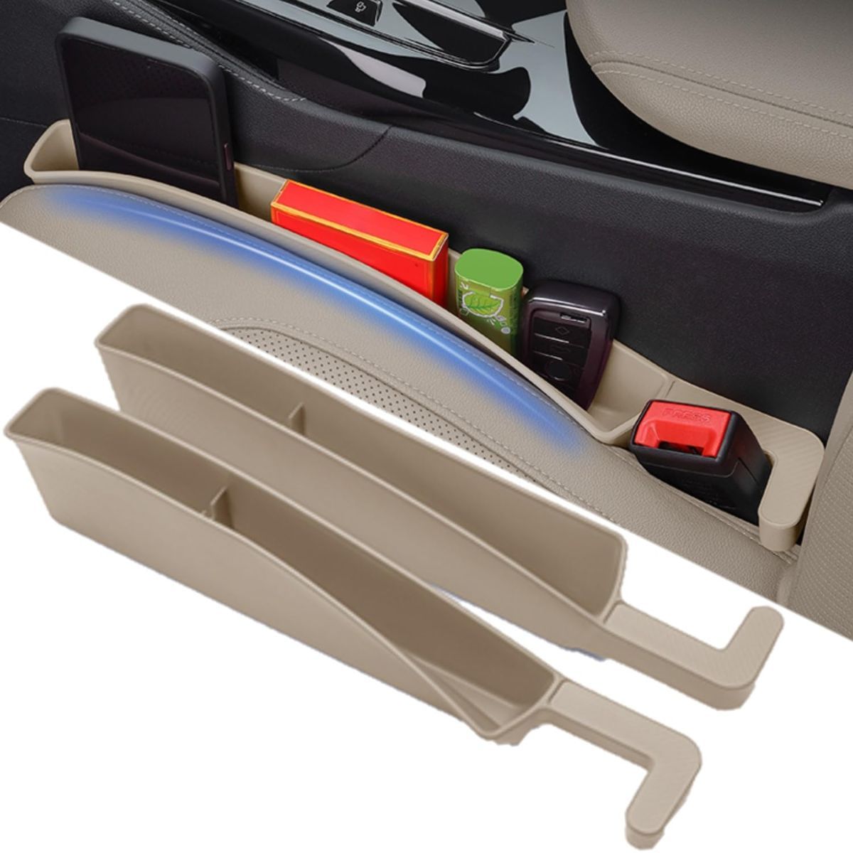Car Seat Gap Filler, Carseat Side Gap Organizer with Phone Holder & Storage Slot, Auto Interior Accessories, Universal Car Catcher Plug Strip Fit Car SUV Truck, Fill in Between Seat and Console - Black - Size 2PCS
