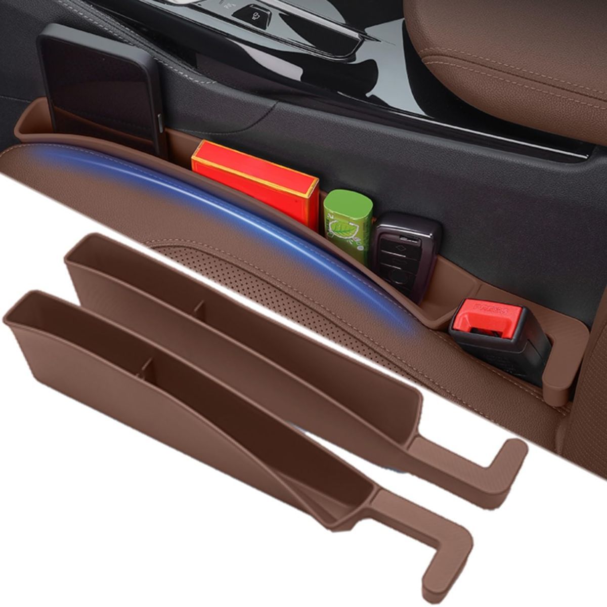 Car Seat Gap Filler, Carseat Side Gap Organizer with Phone Holder & Storage Slot, Auto Interior Accessories, Universal Car Catcher Plug Strip Fit Car SUV Truck, Fill in Between Seat and Console - Black - Size 2PCS