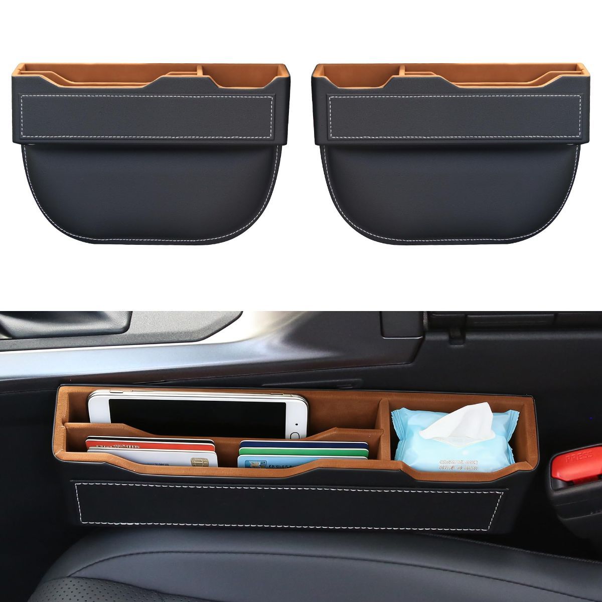 2PC Black Obsidian Car Seat Gap Filler for Car SUV Pickup Truck | Premium Leather Wrapped Wood Organizer with Flocked Finish Anti-Drop Console Side Storage Interior Accessories