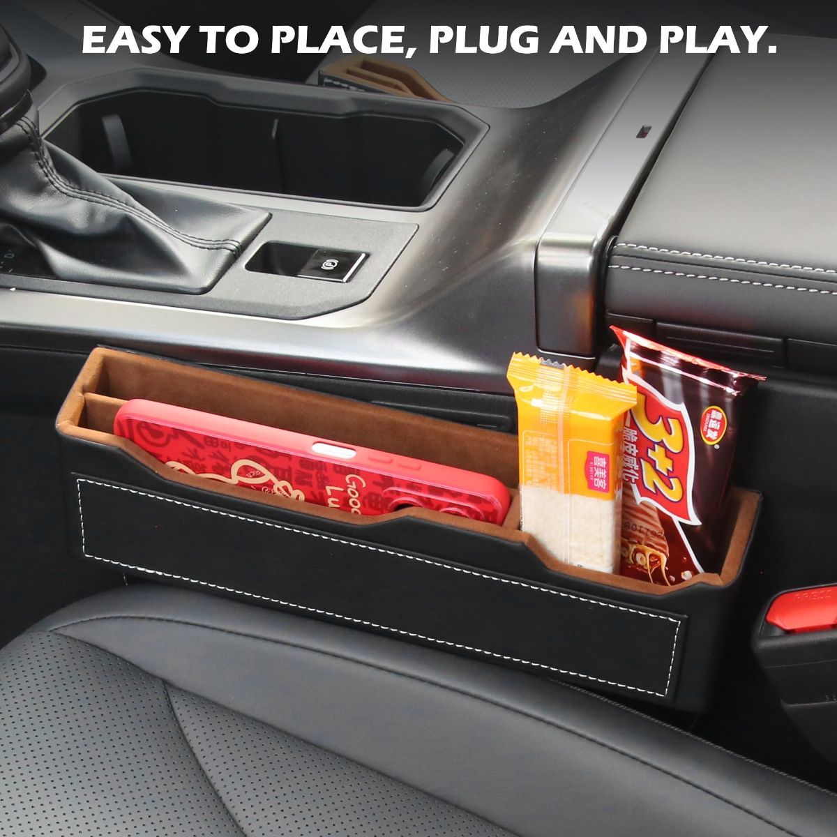 2PC Black Obsidian Car Seat Gap Filler for Car SUV Pickup Truck | Premium Leather Wrapped Wood Organizer with Flocked Finish Anti-Drop Console Side Storage Interior Accessories
