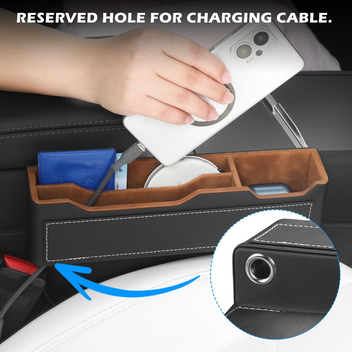 2PC Black Obsidian Car Seat Gap Filler for Car SUV Pickup Truck | Premium Leather Wrapped Wood Organizer with Flocked Finish Anti-Drop Console Side Storage Interior Accessories