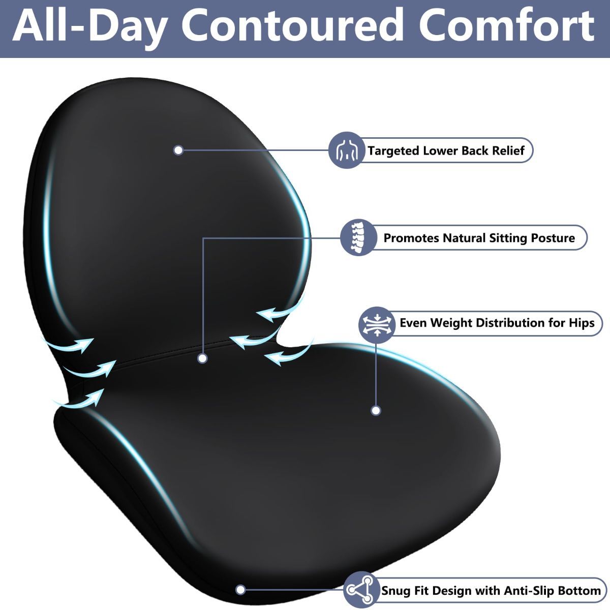 Car Seat Cushion with Lumbar Support Pillow - Memory Foam Driver Seat Cushion for Back & Sciatica Pain Relief, Washable Cover, Non-Slip Bottom for Long Driving, Office Chair & Truck - Black - Size 17.7in*15.7in*15.7in