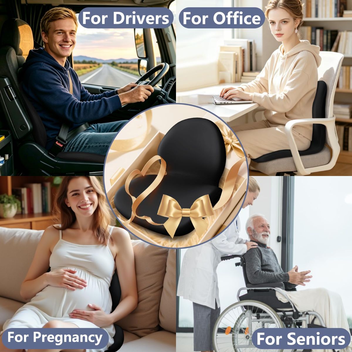 Car Seat Cushion with Lumbar Support Pillow - Memory Foam Driver Seat Cushion for Back & Sciatica Pain Relief, Washable Cover, Non-Slip Bottom for Long Driving, Office Chair & Truck - Black - Size 17.7in*15.7in*15.7in