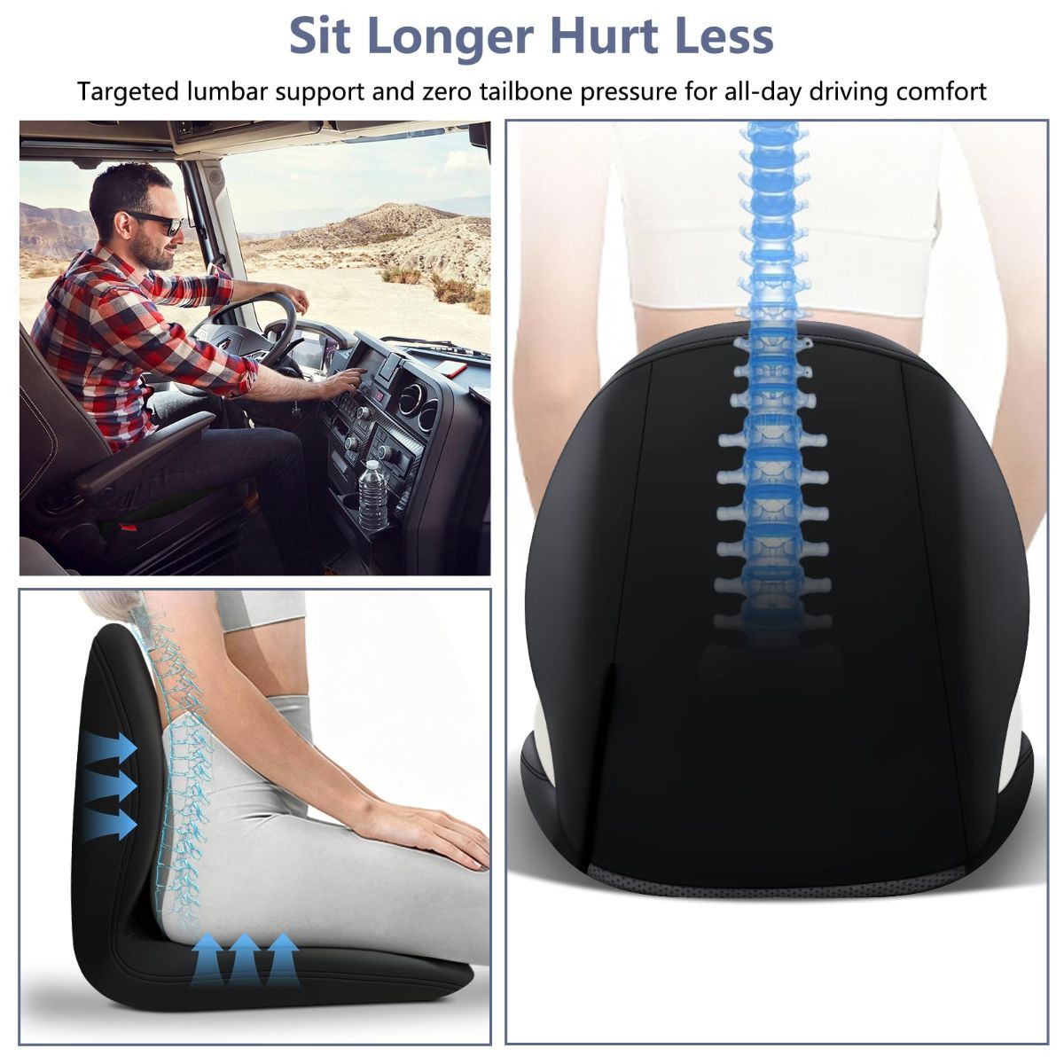Car Seat Cushion with Lumbar Support Pillow - Memory Foam Driver Seat Cushion for Back & Sciatica Pain Relief, Washable Cover, Non-Slip Bottom for Long Driving, Office Chair & Truck - Gray - Size 17.7in*15.7in*15.7in