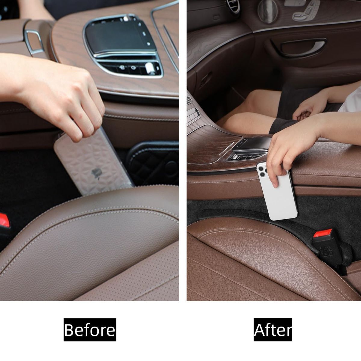Car Seat Gap Filler 2 Pack, Universal Fit PU Leather Car Seat Gap Plug to Fill The Gap Between Seat and Console, Car Seat Crevice Blocker Stop Things from Dropping - Brown - Size 2PCS