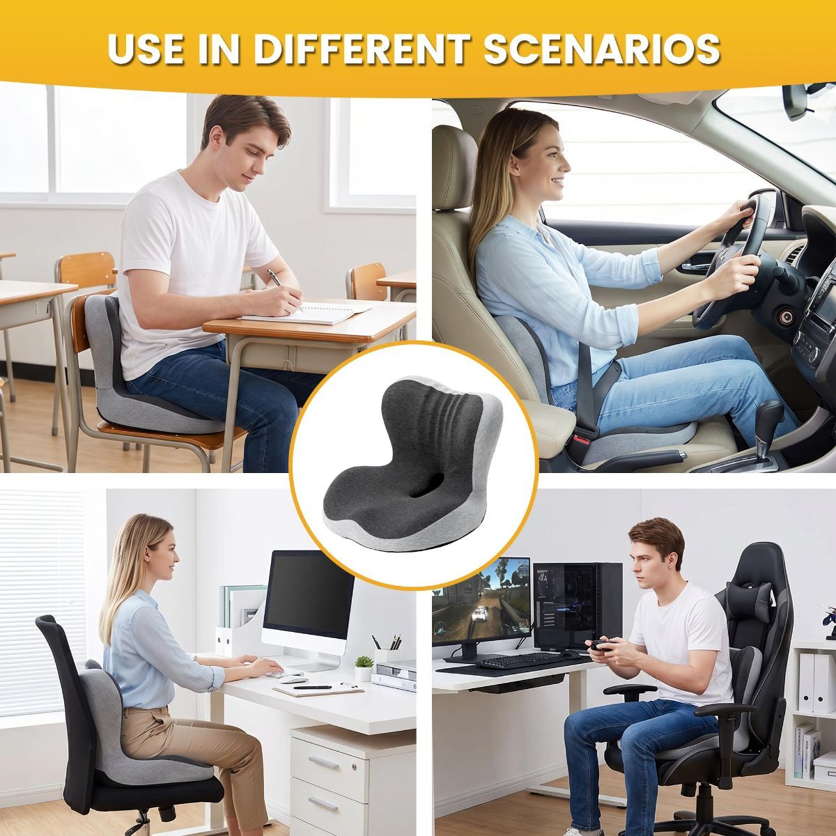 Memory Foam Seat Cushion for Office Chair - Sciatica Pain Relief Coccyx Cushion for Tailbone Pain - Orthopedic Gel Seat Cushion for Car & Desk - Non-Slip Bottom with Breathable Cover - Black - Size 38cm*38.5cm*33cm