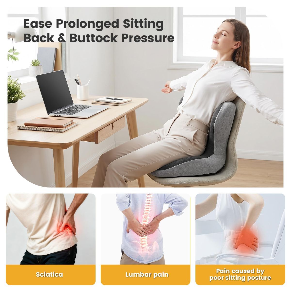 Memory Foam Seat Cushion for Office Chair - Sciatica Pain Relief Coccyx Cushion for Tailbone Pain - Orthopedic Gel Seat Cushion for Car & Desk - Non-Slip Bottom with Breathable Cover - Light Gray - Size 38cm*38.5cm*33cm