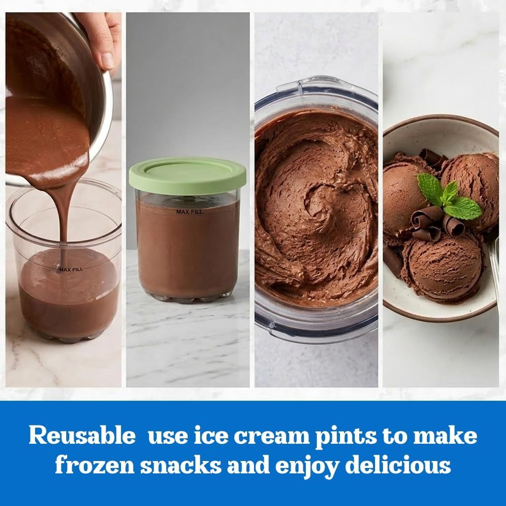 4-Pack Reusable Ice Cream Pints with 4 Spoons - 16oz Creami Containers & Lids Set Compatible with Ninja Creami NC300/NC299AMZ, BPA-Free & Dishwasher Safe (Transparent)