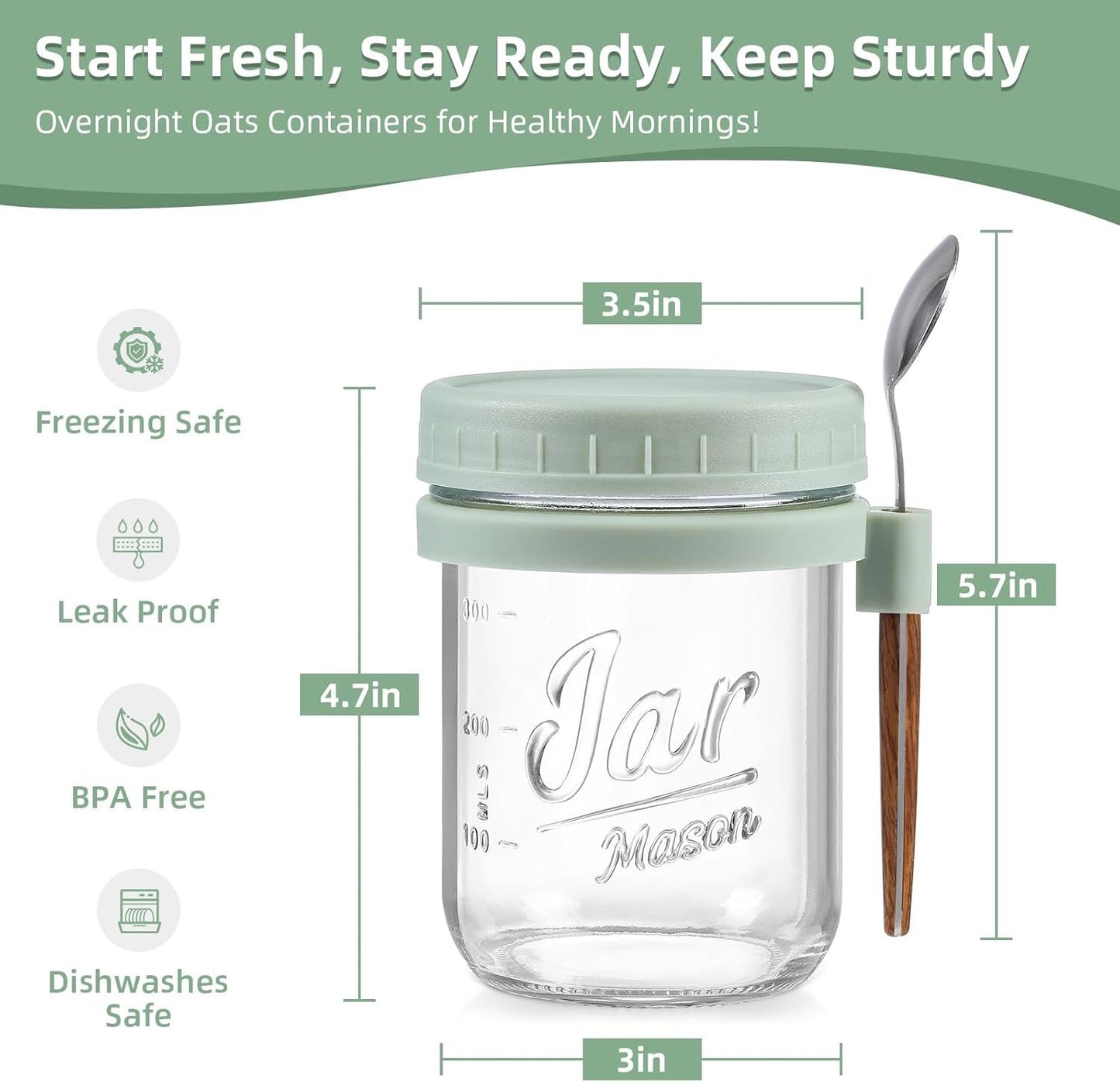 4-Pack 16oz Glass Overnight Oats Jars with Lids & Spoons, Airtight Mason Jars for Yogurt, Salad, Fruit, Meal Prep, Leak-Proof & Portable (Multicolor)