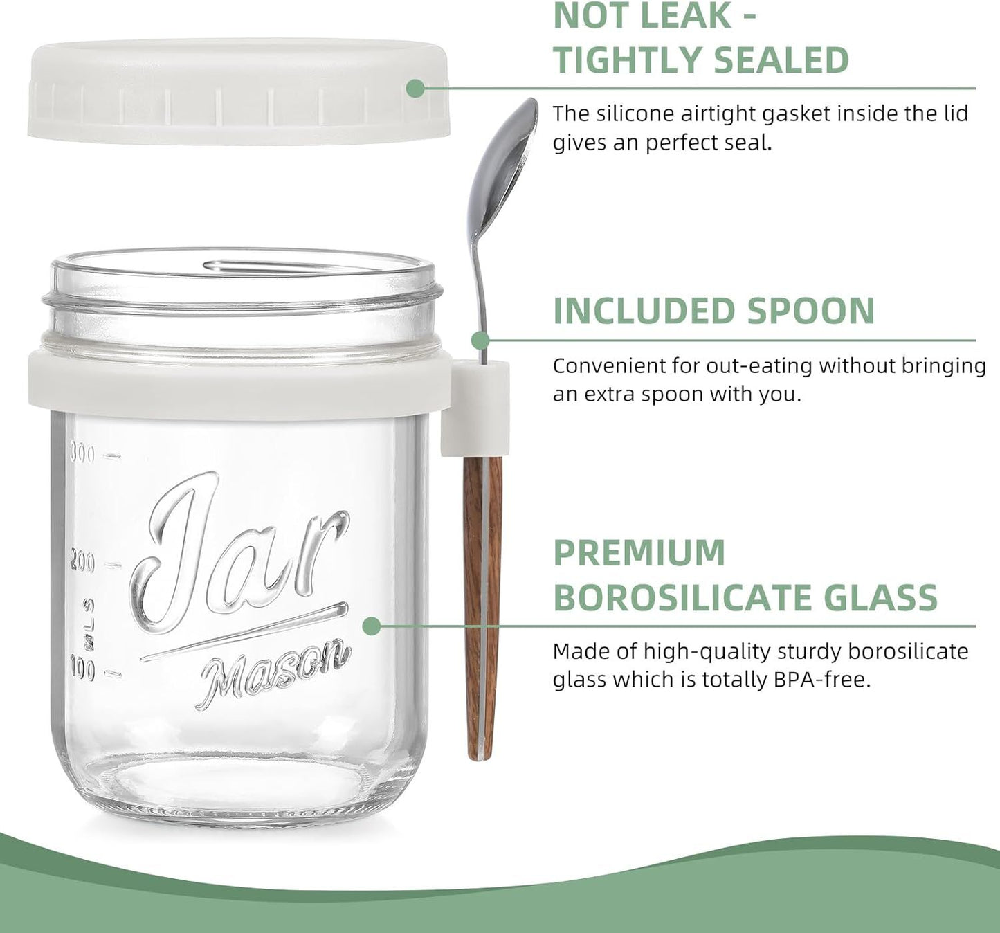 4-Pack 16oz Glass Overnight Oats Jars with Lids & Spoons, Airtight Mason Jars for Yogurt, Salad, Fruit, Meal Prep, Leak-Proof & Portable (Multicolor)