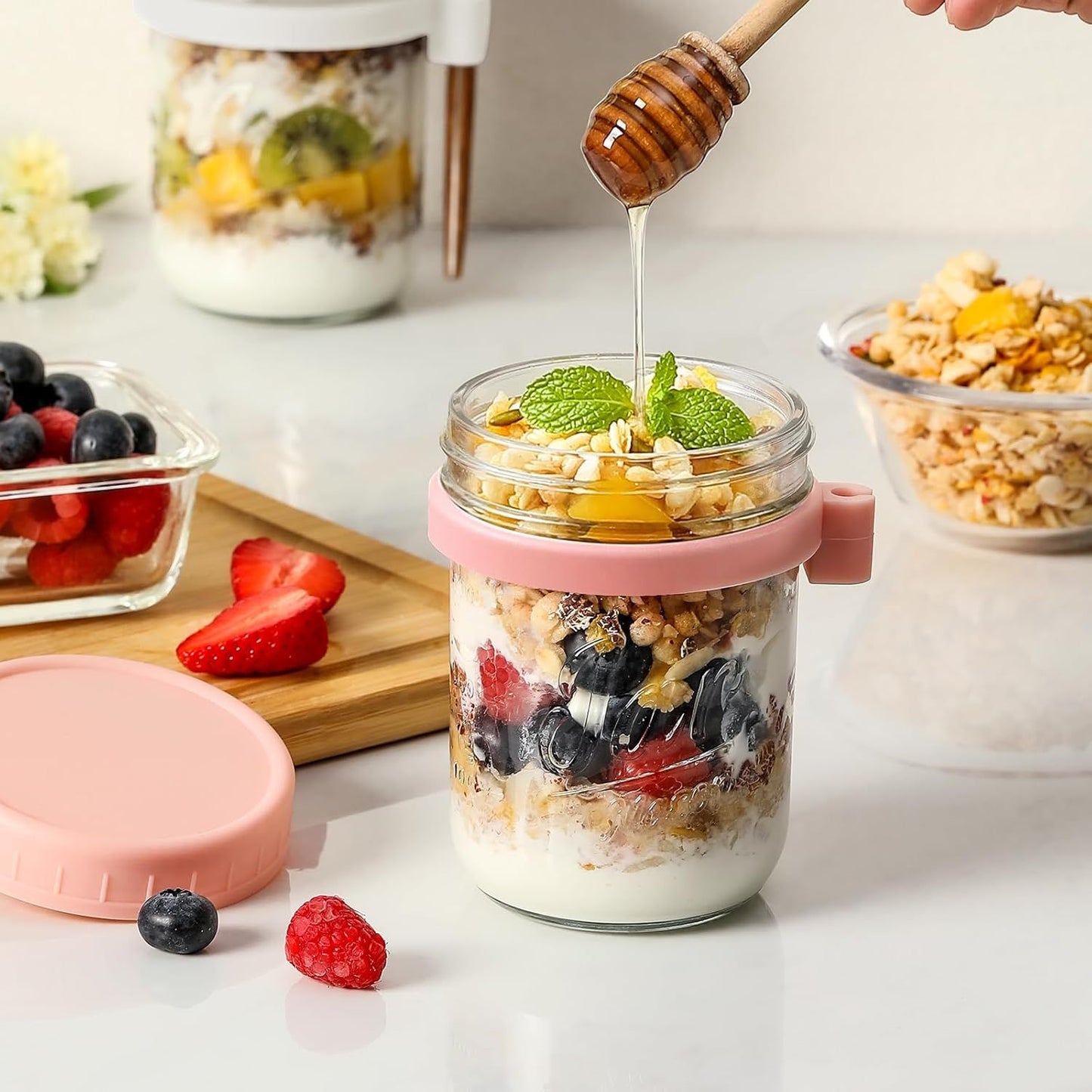 4-Pack 16oz Glass Overnight Oats Jars with Lids & Spoons, Airtight Mason Jars for Yogurt, Salad, Fruit, Meal Prep, Leak-Proof & Portable (Multicolor)