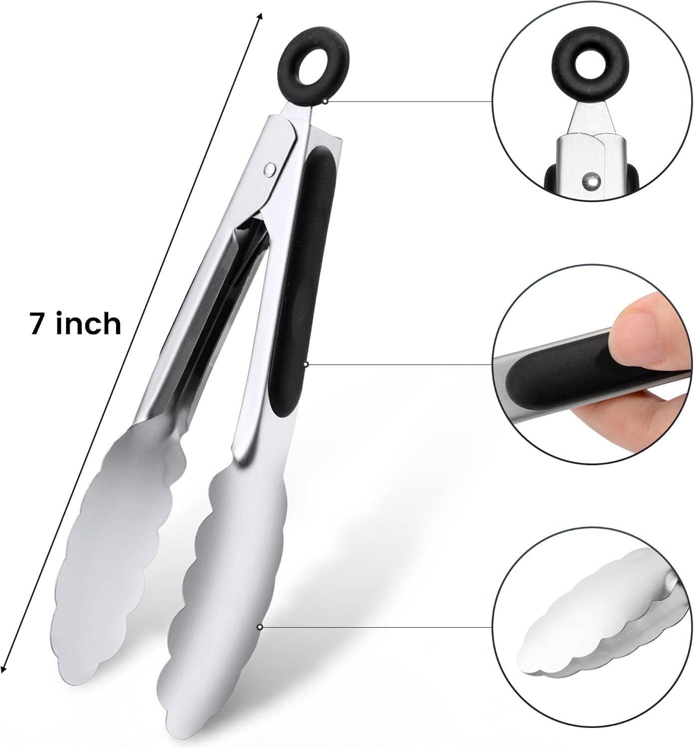 3 Pack 7 Inch Stainless Steel Kitchen Tongs Set, Small Serving Tongs with Lock for Salad, Cooking & Buffet (Black)