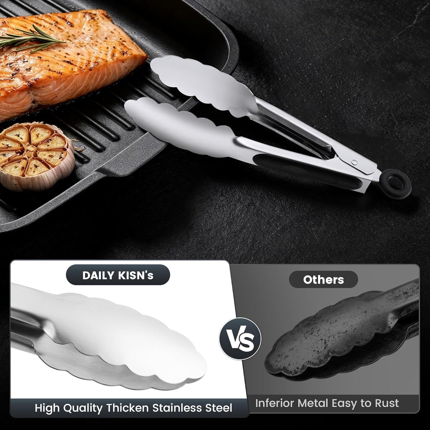 3 Pack 7 Inch Stainless Steel Kitchen Tongs Set, Small Serving Tongs with Lock for Salad, Cooking & Buffet (Black)