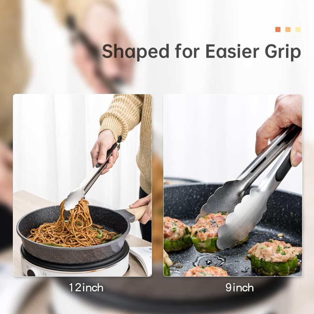 2 Pack Stainless Steel Kitchen Tongs Set (9" 12"), Non-Slip Metal Cooking & Serving Tongs with Hanging Loop (Black)