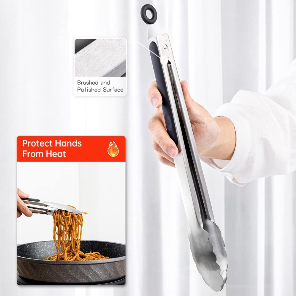 2 Pack Stainless Steel Kitchen Tongs Set (9" 12"), Non-Slip Metal Cooking & Serving Tongs with Hanging Loop (Black)