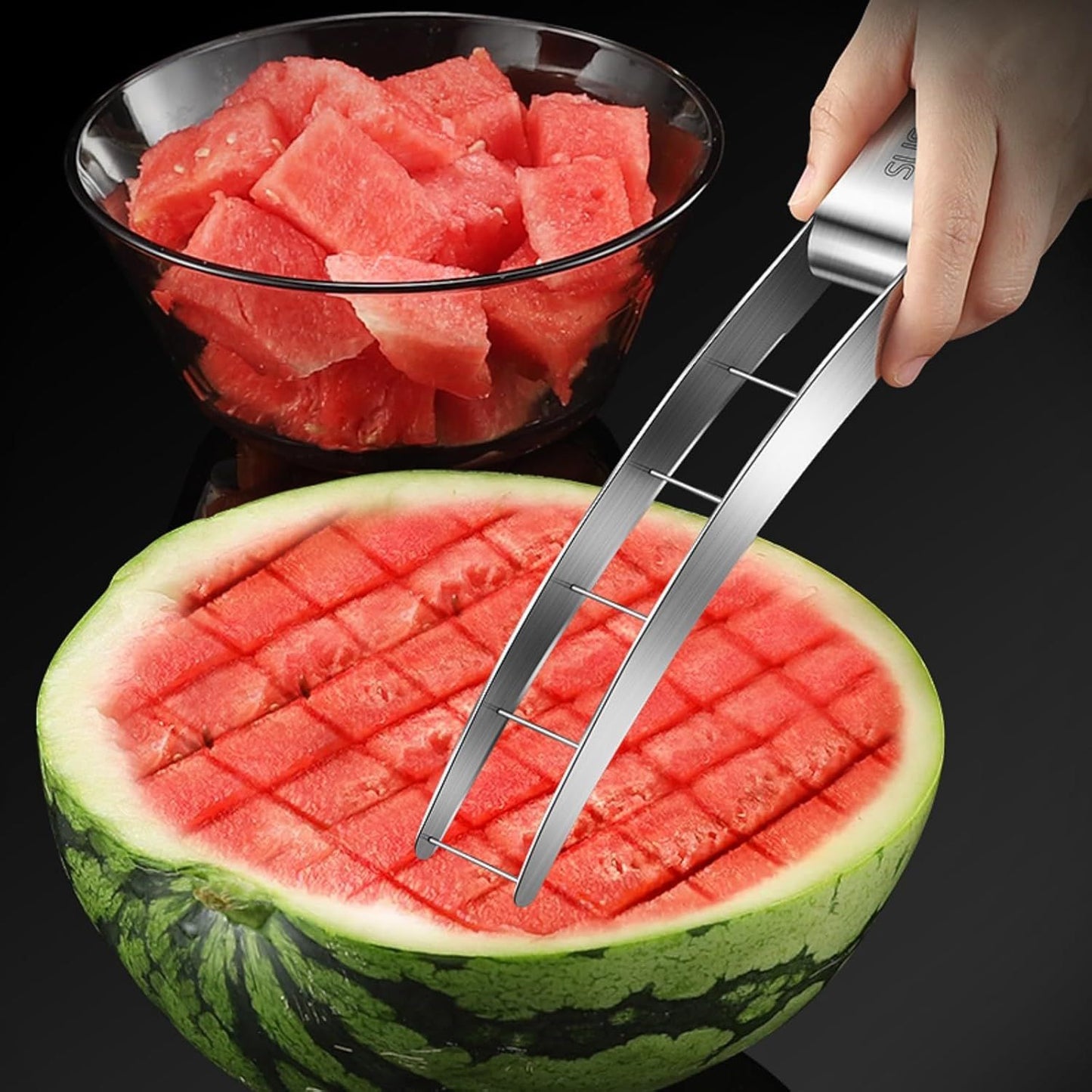 Stainless Steel Watermelon Cube Cutter Slicer, Ergonomic Handle Fruit Dicer for Kitchen and Outdoor Picnics (Silver)