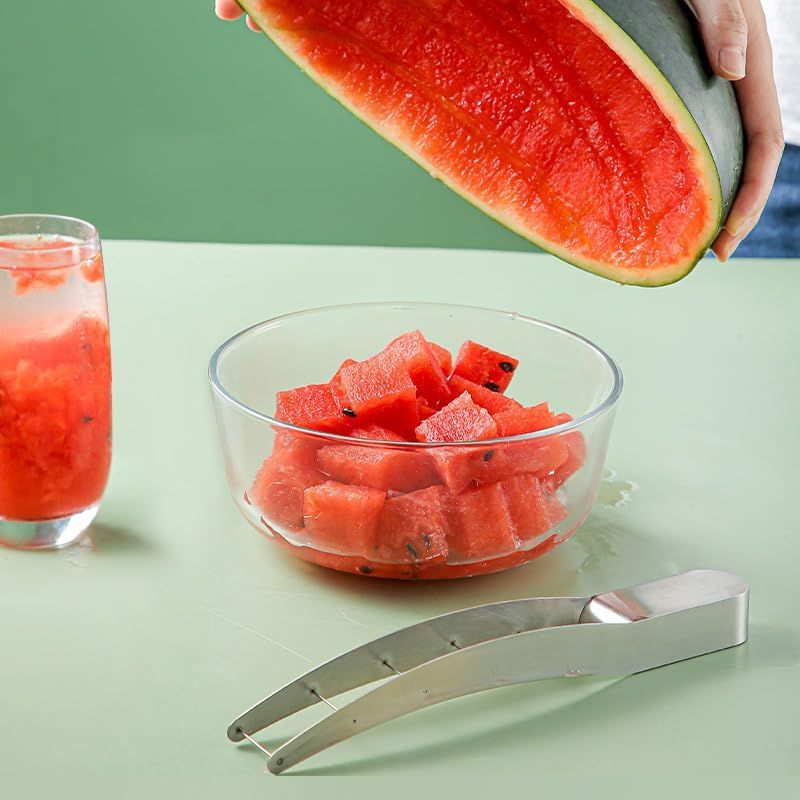 Stainless Steel Watermelon Cube Cutter Slicer, Ergonomic Handle Fruit Dicer for Kitchen and Outdoor Picnics (Silver)