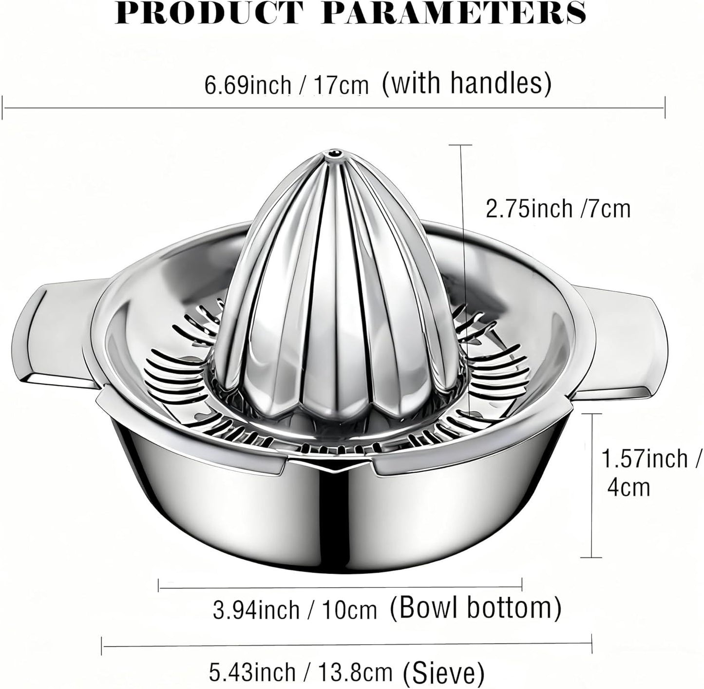 Stainless Steel Manual Citrus Juicer for Home & Travel – Durable Lemon Orange Squeezer with Strainer & Pour Spout (Silver)