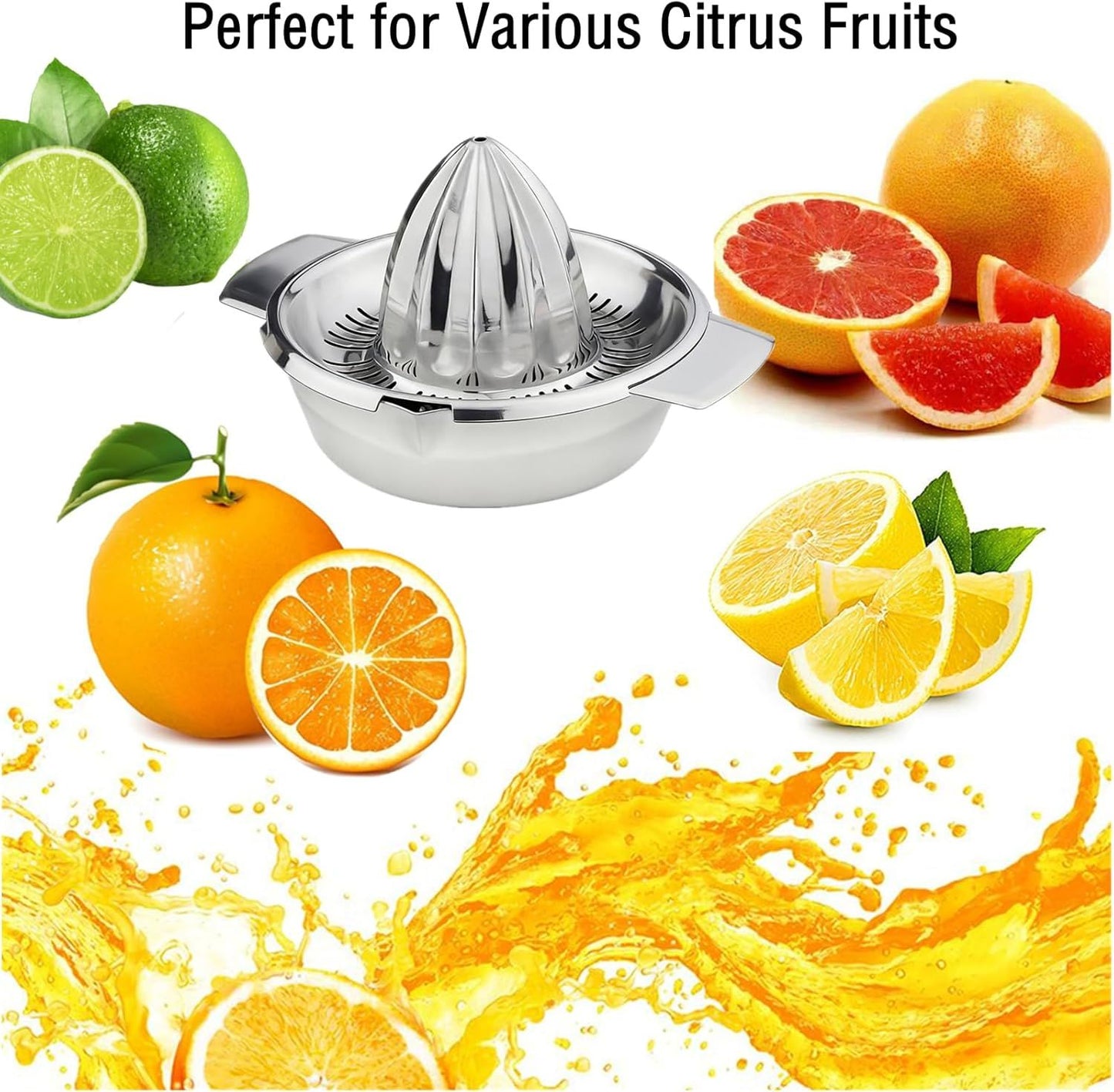 Stainless Steel Manual Citrus Juicer for Home & Travel – Durable Lemon Orange Squeezer with Strainer & Pour Spout (Silver)