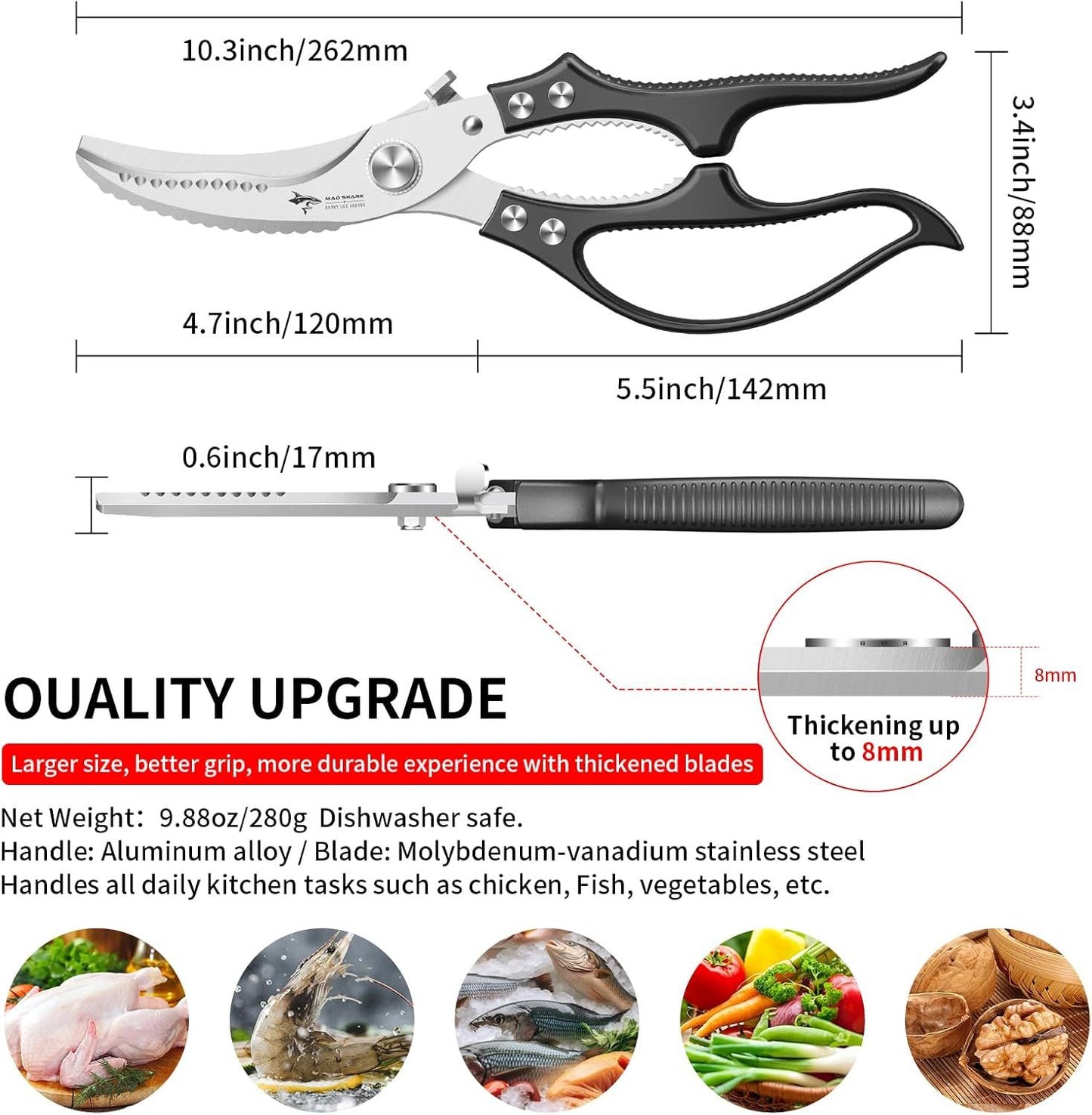 Heavy Duty Kitchen Shears, Poultry Scissors for Cutting Chicken Bones, German Stainless Steel, All-Metal Design, Spring-Loaded, Dishwasher Safe (Black)