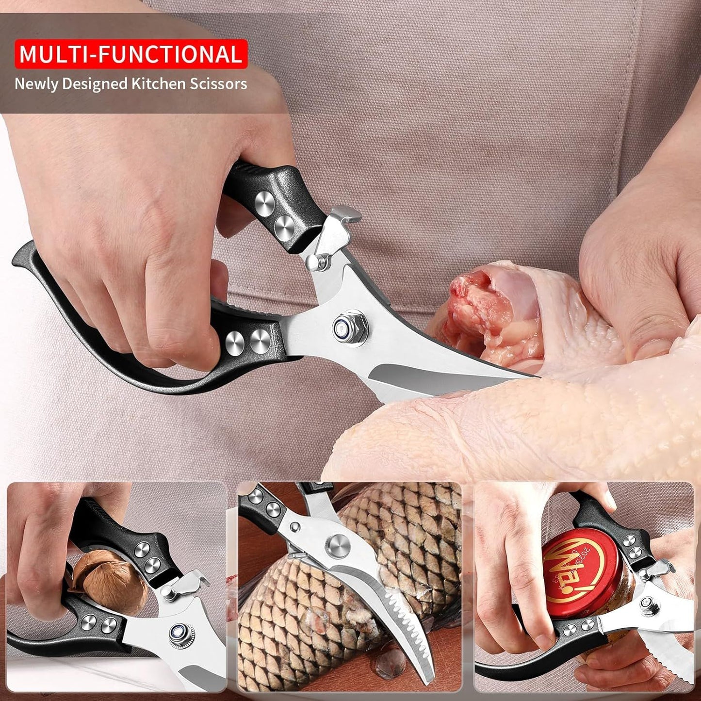 Heavy Duty Kitchen Shears, Poultry Scissors for Cutting Chicken Bones, German Stainless Steel, All-Metal Design, Spring-Loaded, Dishwasher Safe (Black)