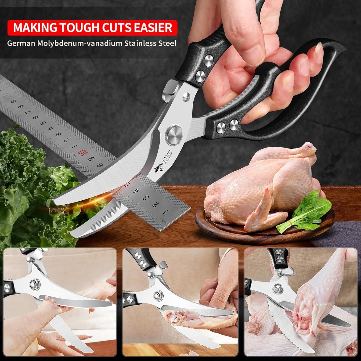Heavy Duty Kitchen Shears, Poultry Scissors for Cutting Chicken Bones, German Stainless Steel, All-Metal Design, Spring-Loaded, Dishwasher Safe (Black)