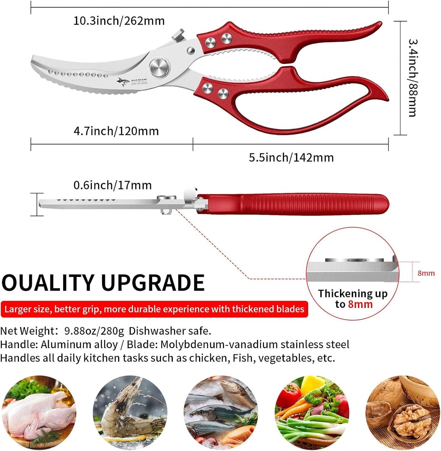 Heavy Duty Kitchen Shears, Poultry Scissors for Cutting Chicken Bones, German Stainless Steel, All-Metal Design, Spring-Loaded, Dishwasher Safe (Red)