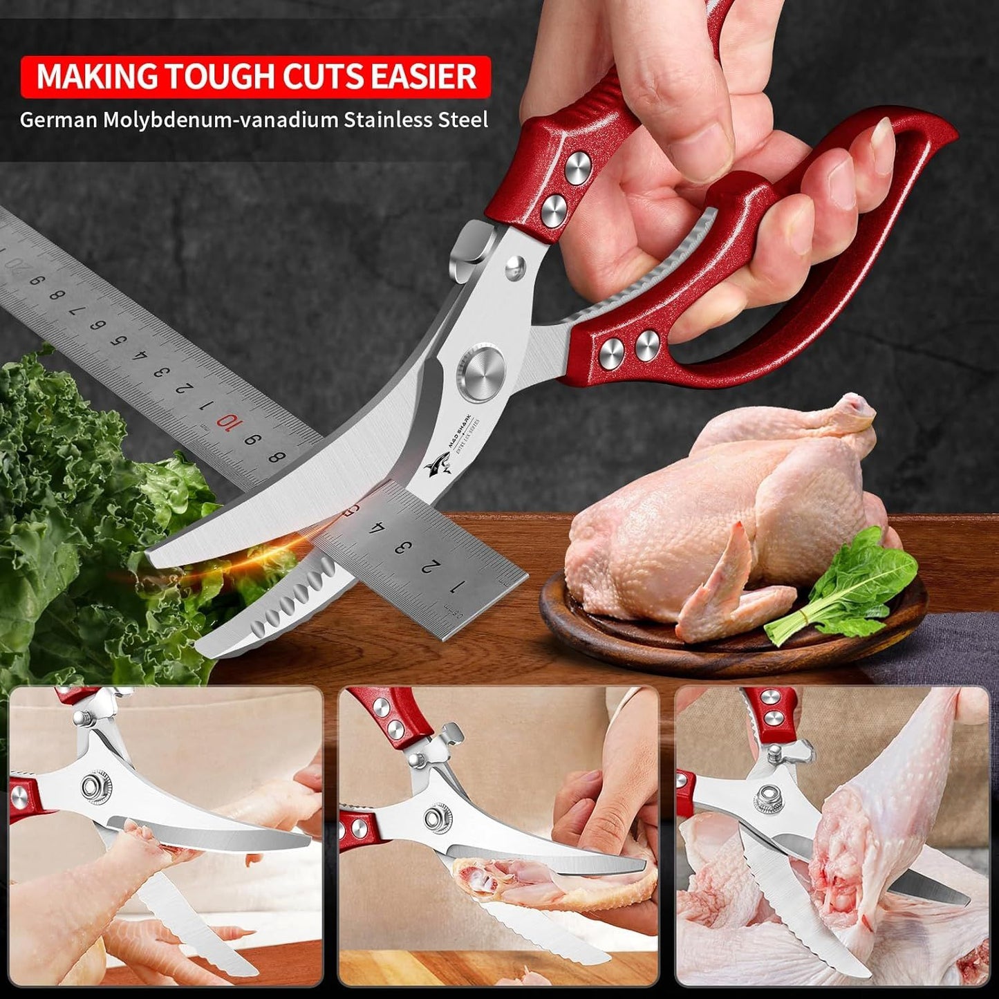 Heavy Duty Kitchen Shears, Poultry Scissors for Cutting Chicken Bones, German Stainless Steel, All-Metal Design, Spring-Loaded, Dishwasher Safe (Red)