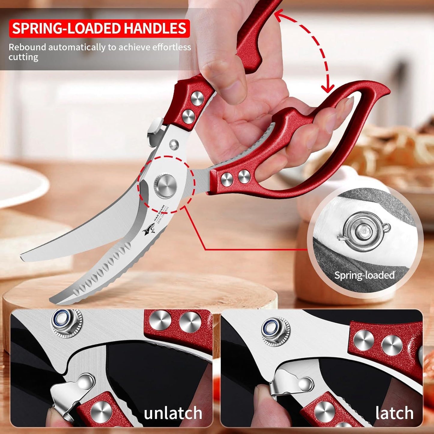 Heavy Duty Kitchen Shears, Poultry Scissors for Cutting Chicken Bones, German Stainless Steel, All-Metal Design, Spring-Loaded, Dishwasher Safe (Red)