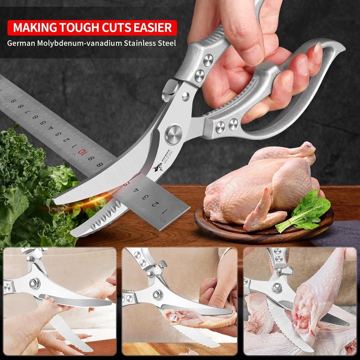 Heavy Duty Kitchen Shears, Poultry Scissors for Cutting Chicken Bones, German Stainless Steel, All-Metal Design, Spring-Loaded, Dishwasher Safe (Silver)