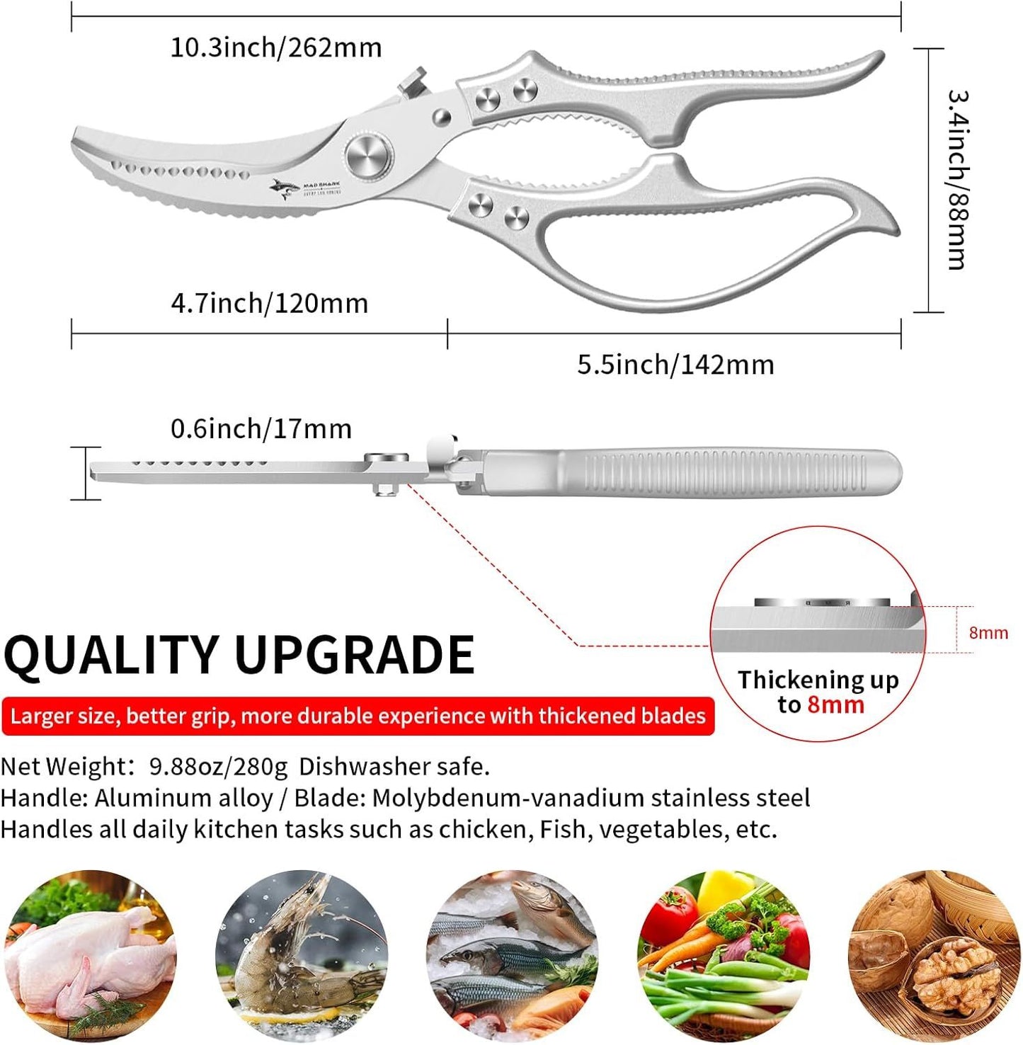 Heavy Duty Kitchen Shears, Poultry Scissors for Cutting Chicken Bones, German Stainless Steel, All-Metal Design, Spring-Loaded, Dishwasher Safe (Silver)